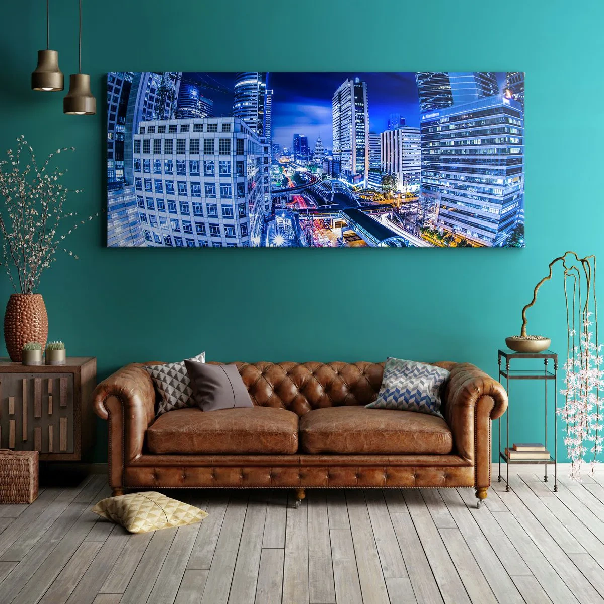 Quadro su tela - Stampe su Tela - Panorama notturno della città con grattacieli e lampioni - 140x50cm - Il ritmo notturno della città - Decorazione murale moderna per soggiorno e camera da letto ARTTOR