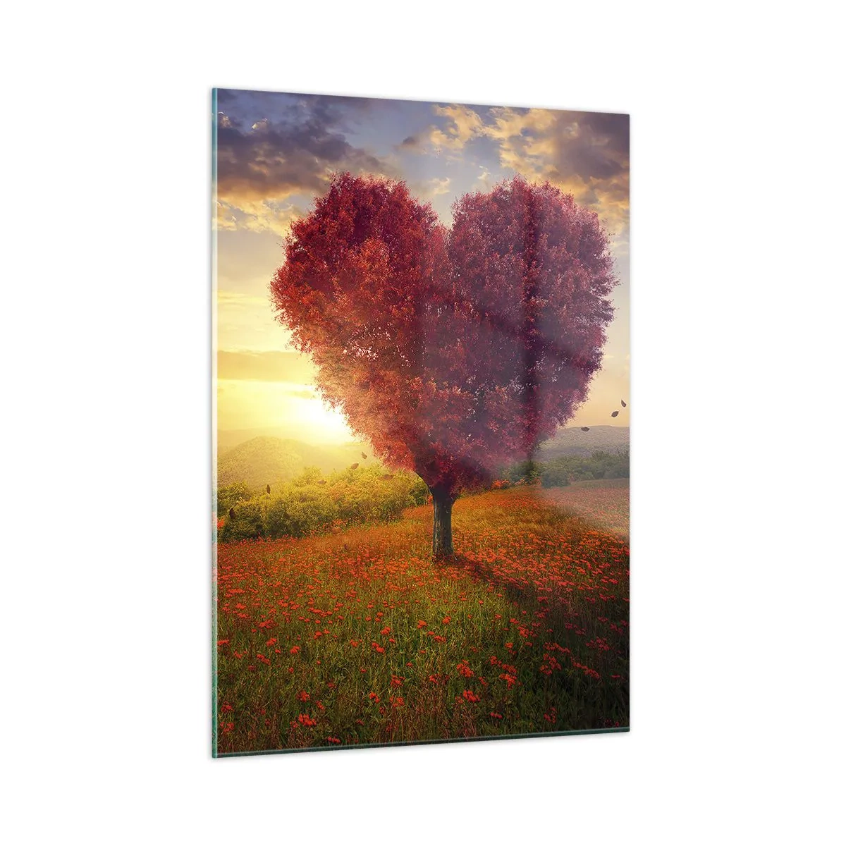Quadro su vetro - Un albero a forma di cuore in un campo al tramonto - 50x70cm - Ti prende al cuore - Decorazione murale moderna per soggiorno e camera da letto ARTTOR