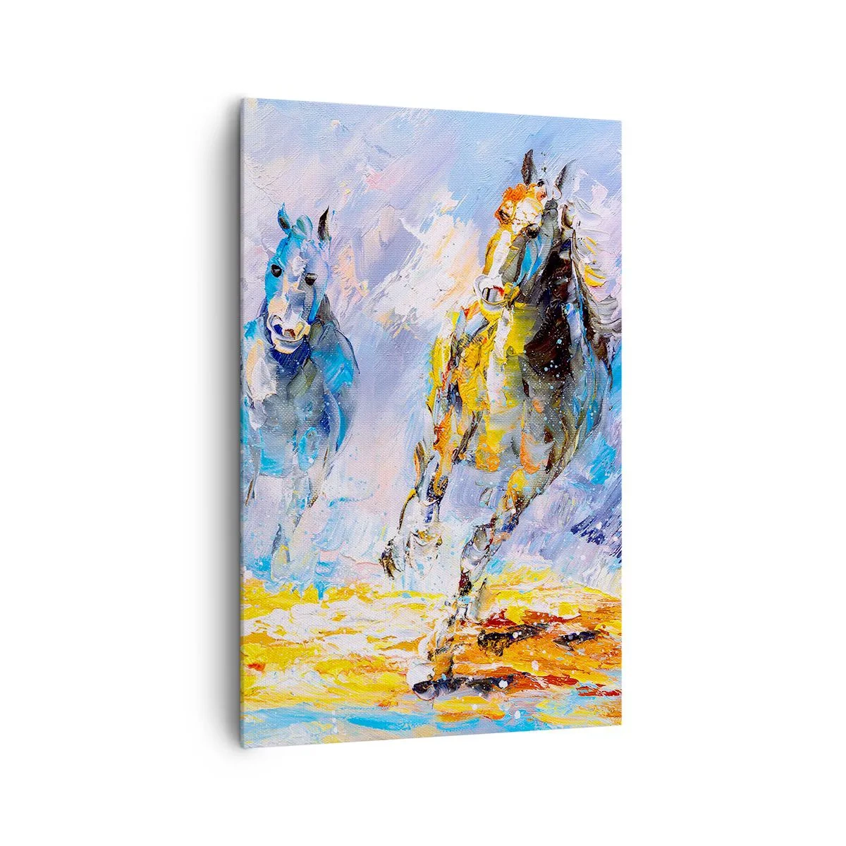 Quadro su tela - Stampe su Tela - Due cavalli in movimento sullo sfondo di un paesaggio astratto - 80x120cm - Al galoppo nella luce - Decorazione murale moderna per soggiorno e camera da letto ARTTOR