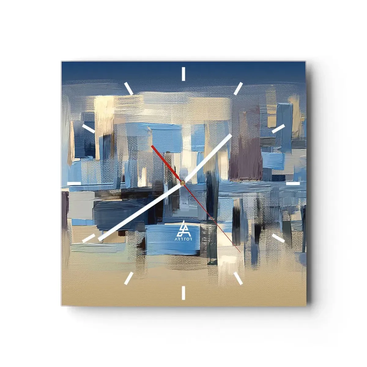 Orologio da parete - Orologio in Vetro - Forme geometriche nei toni del blu e del beige - 30x30cm - Struttura blu - Decorazione murale moderna per soggiorno e camera da letto ARTTOR