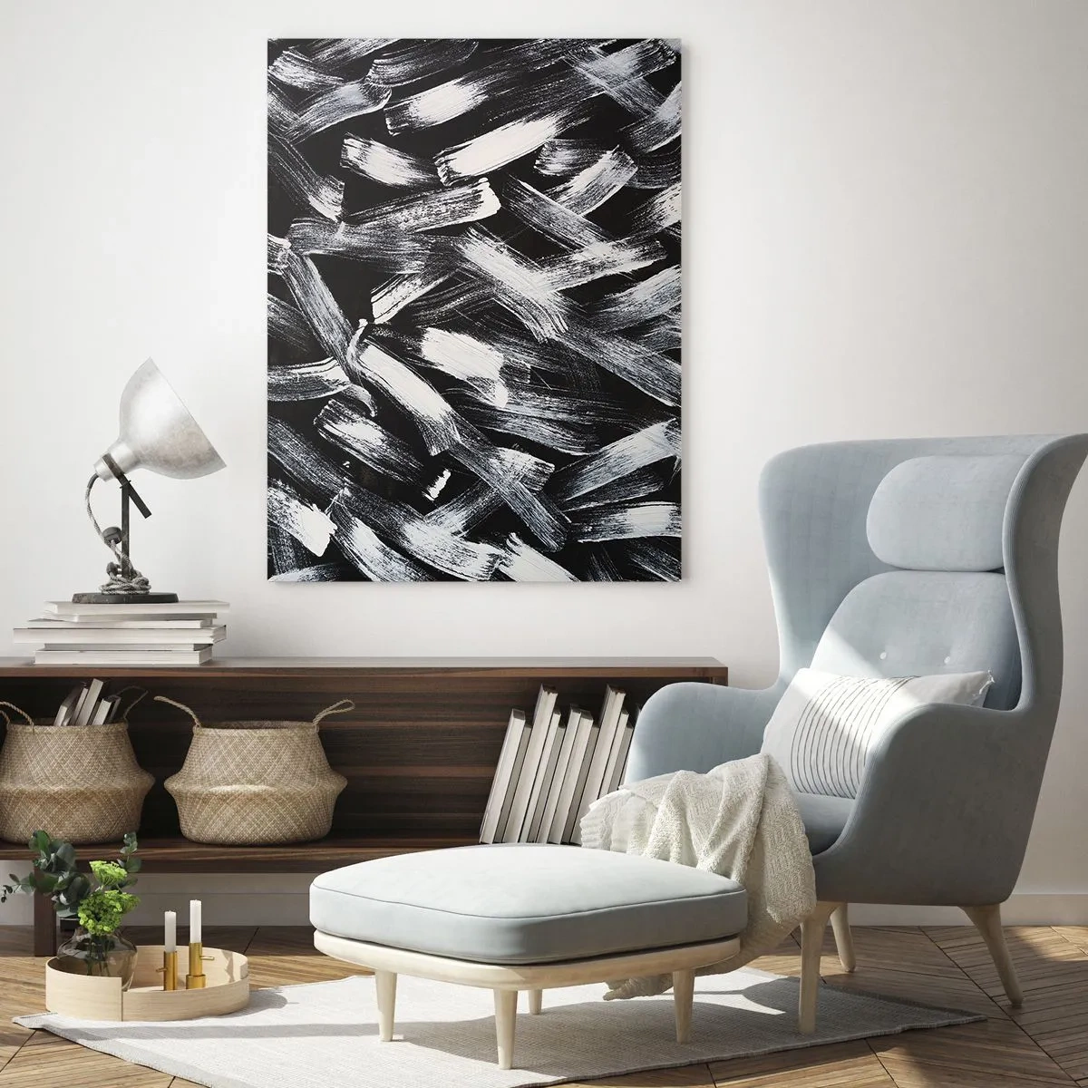 Quadro su vetro - Astrazione dinamica con pennellate bianche su sfondo nero. - 80x120cm - Astrazione in spirito industriale - Decorazione murale moderna per soggiorno e camera da letto ARTTOR