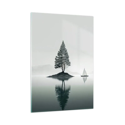 Quadro su vetro - Un albero solitario su un'isola e una barca a vela su un lago calmo - 50x70cm - Paesaggio onirico - Decorazione murale moderna per soggiorno e camera da letto ARTTOR