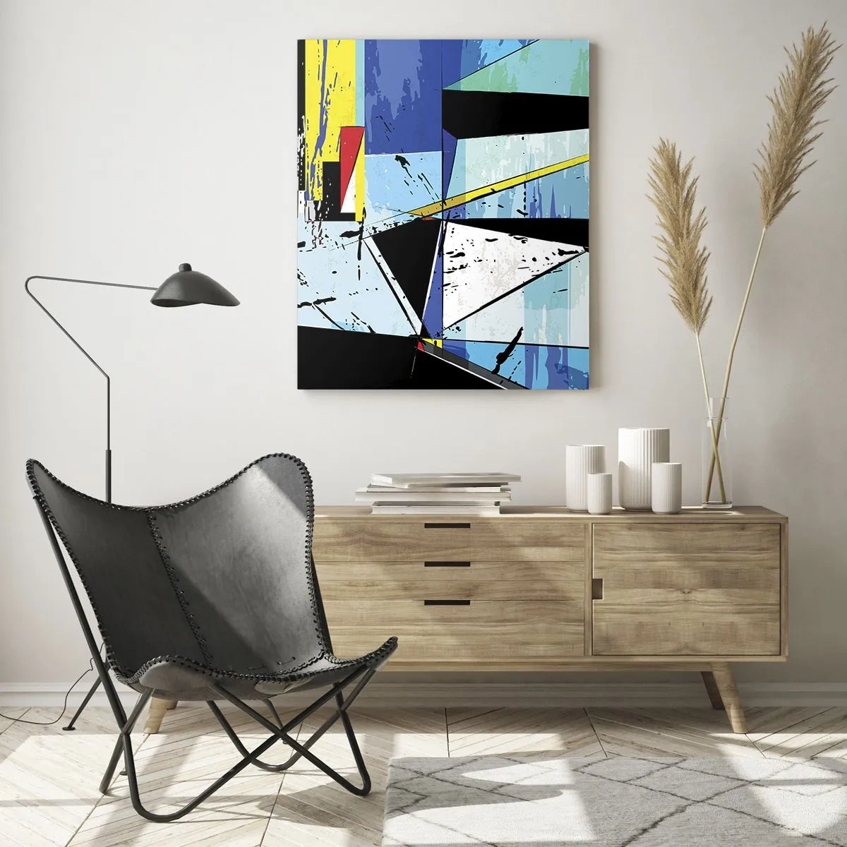 Quadro su vetro - Composizione geometrica astratta in colori vivaci - 80x120cm - Guardando il mondo da un'angolazione... - Decorazione murale moderna per soggiorno e camera da letto ARTTOR