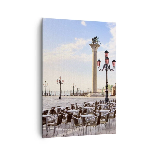 Quadro su tela - Stampe su Tela - Venezia, veduta della piazza con colonne e tavolini dei caffè - 70x100cm - Venite a tavola - Decorazione murale moderna per soggiorno e camera da letto ARTTOR
