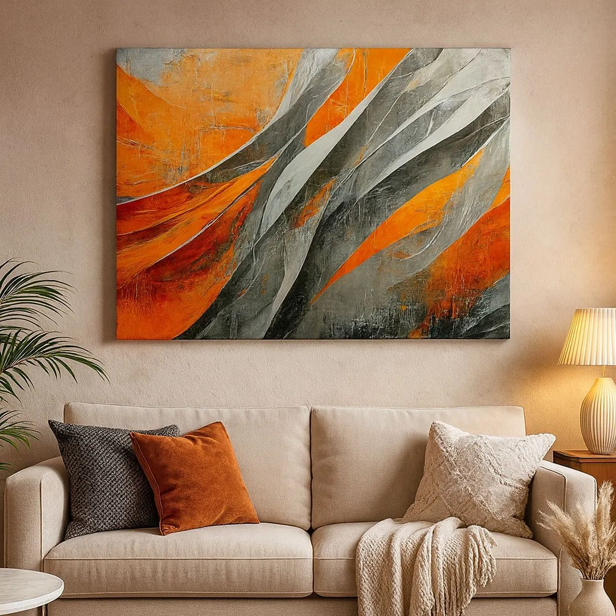 Quadro su tela - Stampe su Tela - Linee astratte nei toni dell'arancione e del grigio - 70x50cm - Caldo e freddo - Decorazione murale moderna per soggiorno e camera da letto ARTTOR