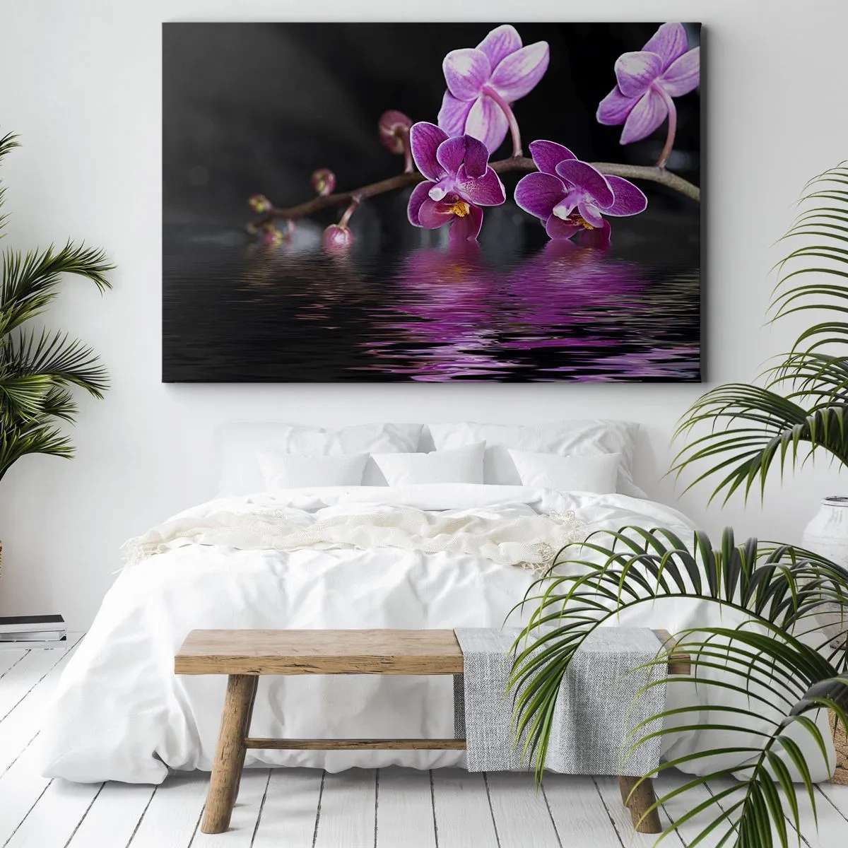 Quadro su tela - Stampe su Tela - Orchidee viola su acqua calma su sfondo nero - 120x80cm - La bellezza riflessa dai gigli - Decorazione murale moderna per soggiorno e camera da letto ARTTOR
