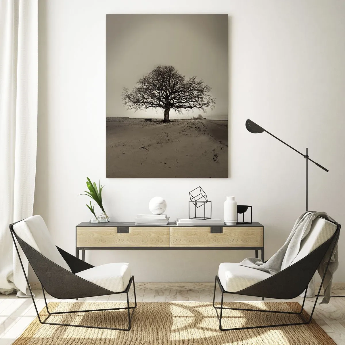 Quadro su vetro - Un albero solitario in un paesaggio monocromatico - 50x70cm - Da qui all'eternità - Decorazione murale moderna per soggiorno e camera da letto ARTTOR
