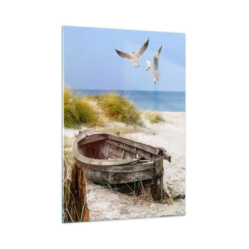 Quadro su vetro - Barca di legno sulla spiaggia con gabbiani in volo - 50x70cm - Bagnate dal vento - Decorazione murale moderna per soggiorno e camera da letto ARTTOR