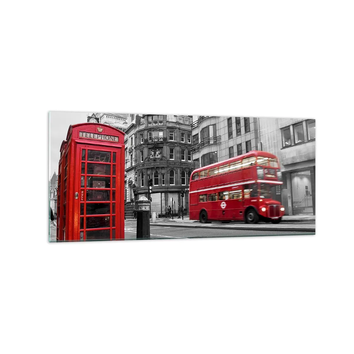 Quadro su vetro - Una cabina telefonica rossa e un autobus a due piani a Londra con la città sullo sfondo - 120x50cm - Il più rosso d'Europa - Decorazione murale moderna per soggiorno e camera da letto ARTTOR