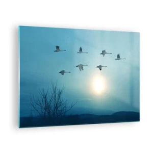 Quadro su vetro - Cigni in volo sullo sfondo del sole al tramonto e di un paesaggio invernale - 70x50cm - Addio estate, quest'anno - Decorazione murale moderna per soggiorno e camera da letto ARTTOR