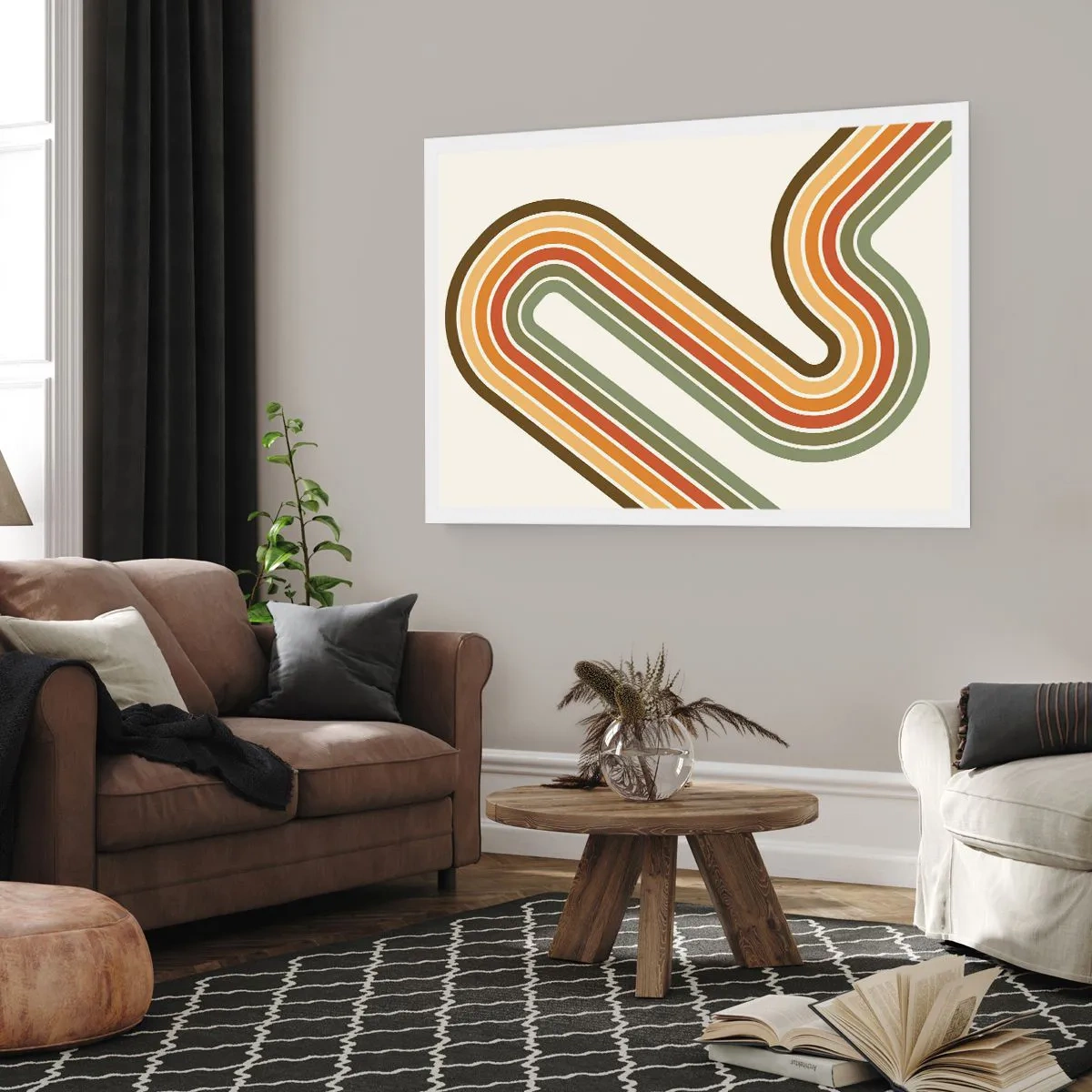 Poster - Motivo geometrico nei toni del verde, arancione e beige su sfondo chiaro - 100x70cm - Zig zag fino alla meta - Decorazione murale moderna per soggiorno e camera da letto ARTTOR