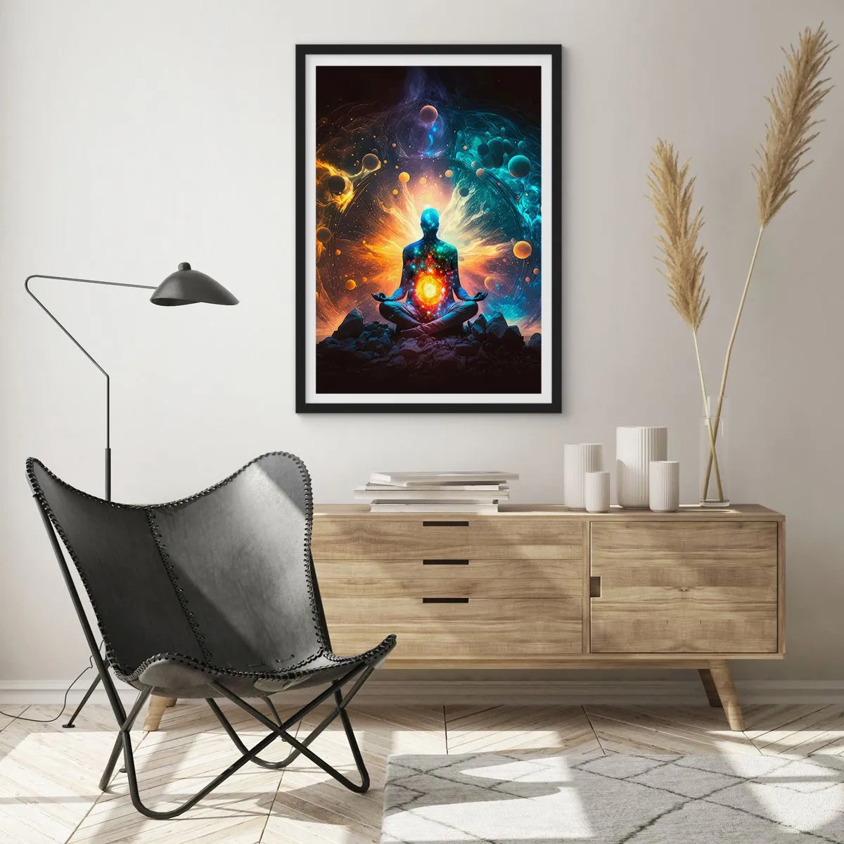 Poster in cornice nera - Una figura in meditazione in un'aura cosmica piena di energia - 50x70cm - Pace cosmica - Decorazione murale moderna per soggiorno e camera da letto ARTTOR