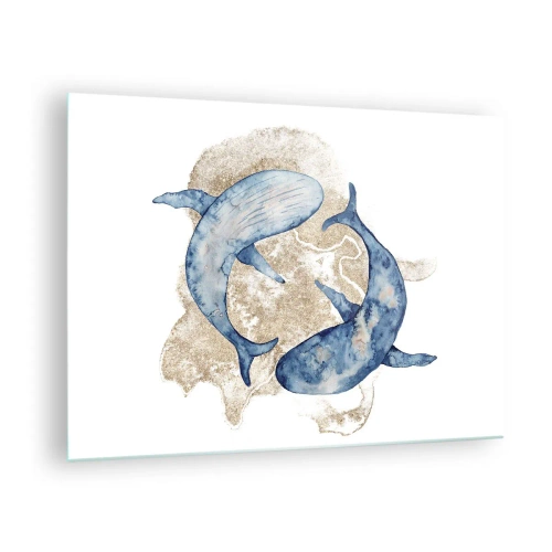 Quadro su vetro - Due balene blu su uno sfondo di macchie dorate astratte - 70x50cm - Amicizia o amore? - Decorazione murale moderna per soggiorno e camera da letto ARTTOR
