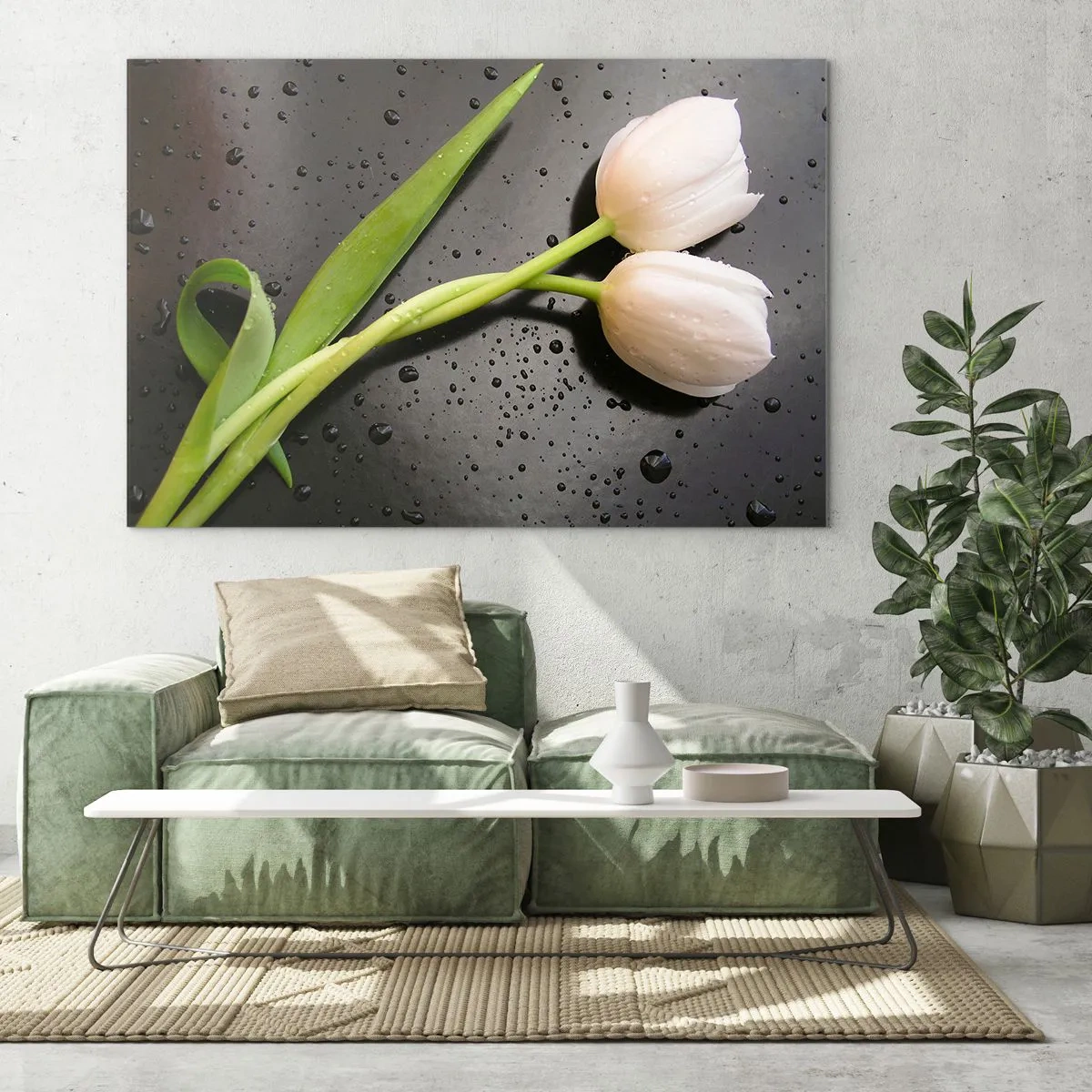 Quadro su vetro - Tulipani bianchi su uno sfondo con gocce d'acqua - 120x80cm - Intreccio primaverile - Decorazione murale moderna per soggiorno e camera da letto ARTTOR