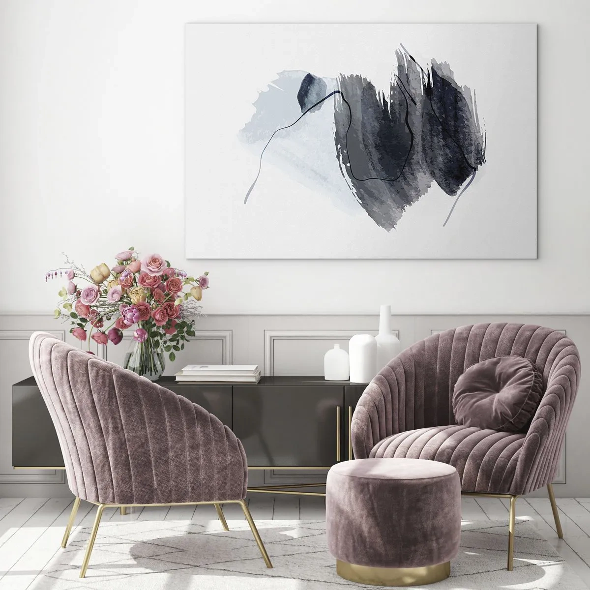 Quadro su vetro - Una composizione astratta nei toni del blu navy e del grigio - 120x80cm - Intensità e movimento - Decorazione murale moderna per soggiorno e camera da letto ARTTOR