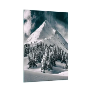Quadro su vetro - Una cima di montagna innevata circondata da una foresta invernale - 80x120cm - Il paese della neve e del ghiaccio - Decorazione murale moderna per soggiorno e camera da letto ARTTOR