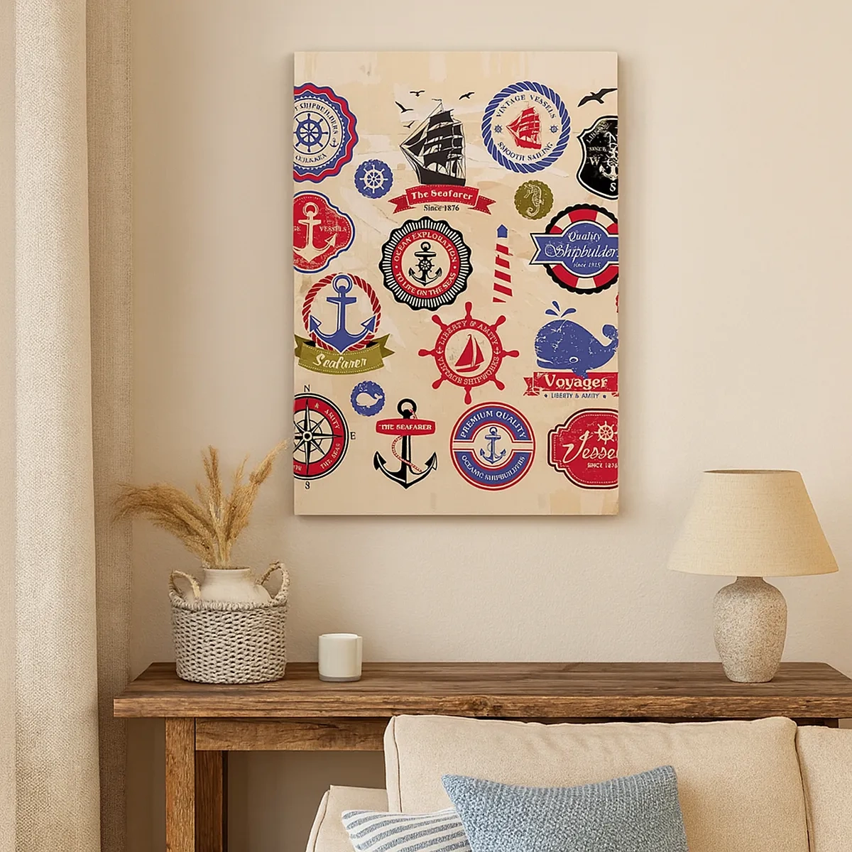 Quadro su tela - Stampe su Tela - Una raccolta di grafici e simboli nautici su uno sfondo chiaro - 50x70cm - Fratellanza di vela - Decorazione murale moderna per soggiorno e camera da letto ARTTOR