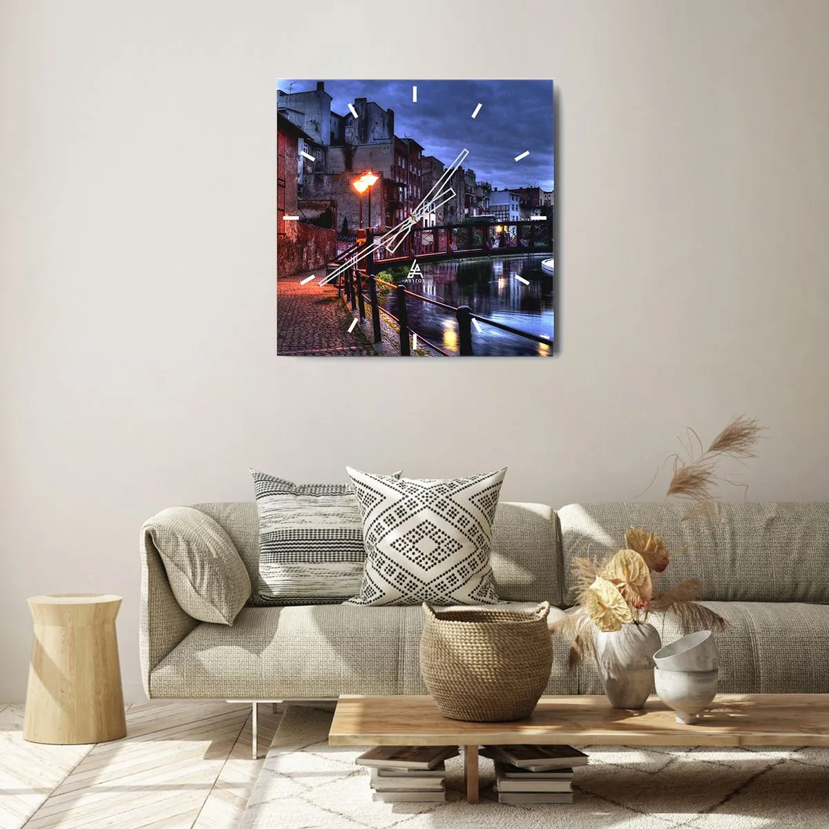 Orologio da parete - Orologio in Vetro - Vista serale delle case popolari e del ponte sul canale - 30x30cm - Questa Bydgoszcz non la conosci - Decorazione murale moderna per soggiorno e camera da letto ARTTOR