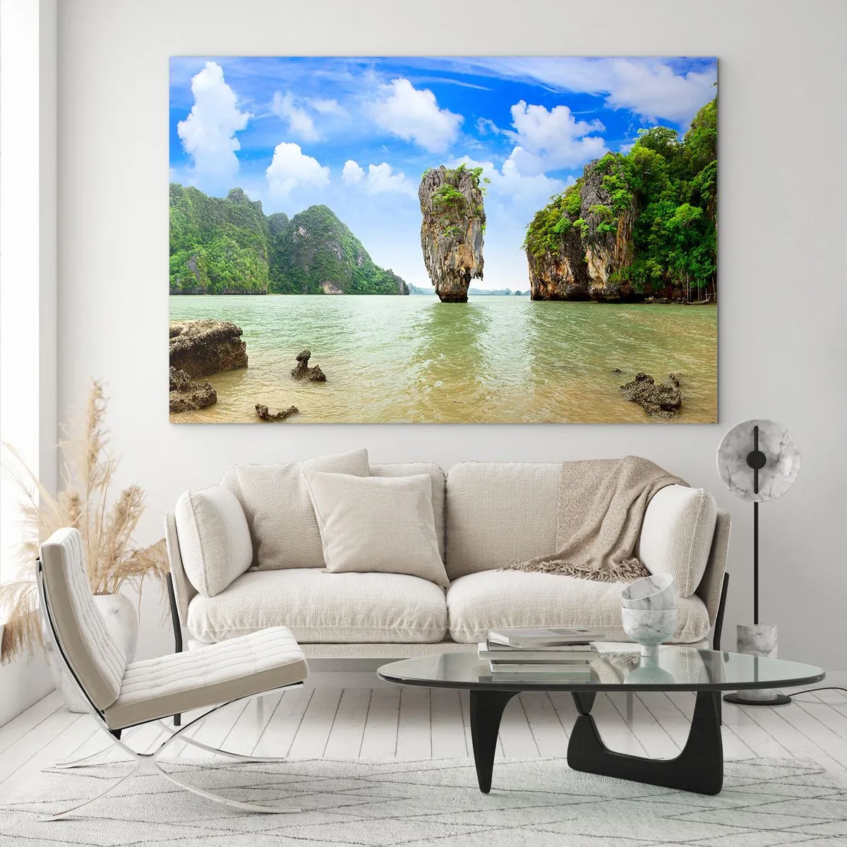 Quadro su vetro - Una roccia nell'acqua circondata da isole tropicali - 70x50cm - Meraviglie rocciose della natura - Decorazione murale moderna per soggiorno e camera da letto ARTTOR
