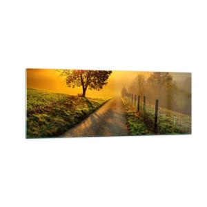 Quadro su vetro - Una strada pittoresca al tramonto con un albero solitario sullo sfondo - 140x50cm - Pomeriggio di miele - Decorazione murale moderna per soggiorno e camera da letto ARTTOR