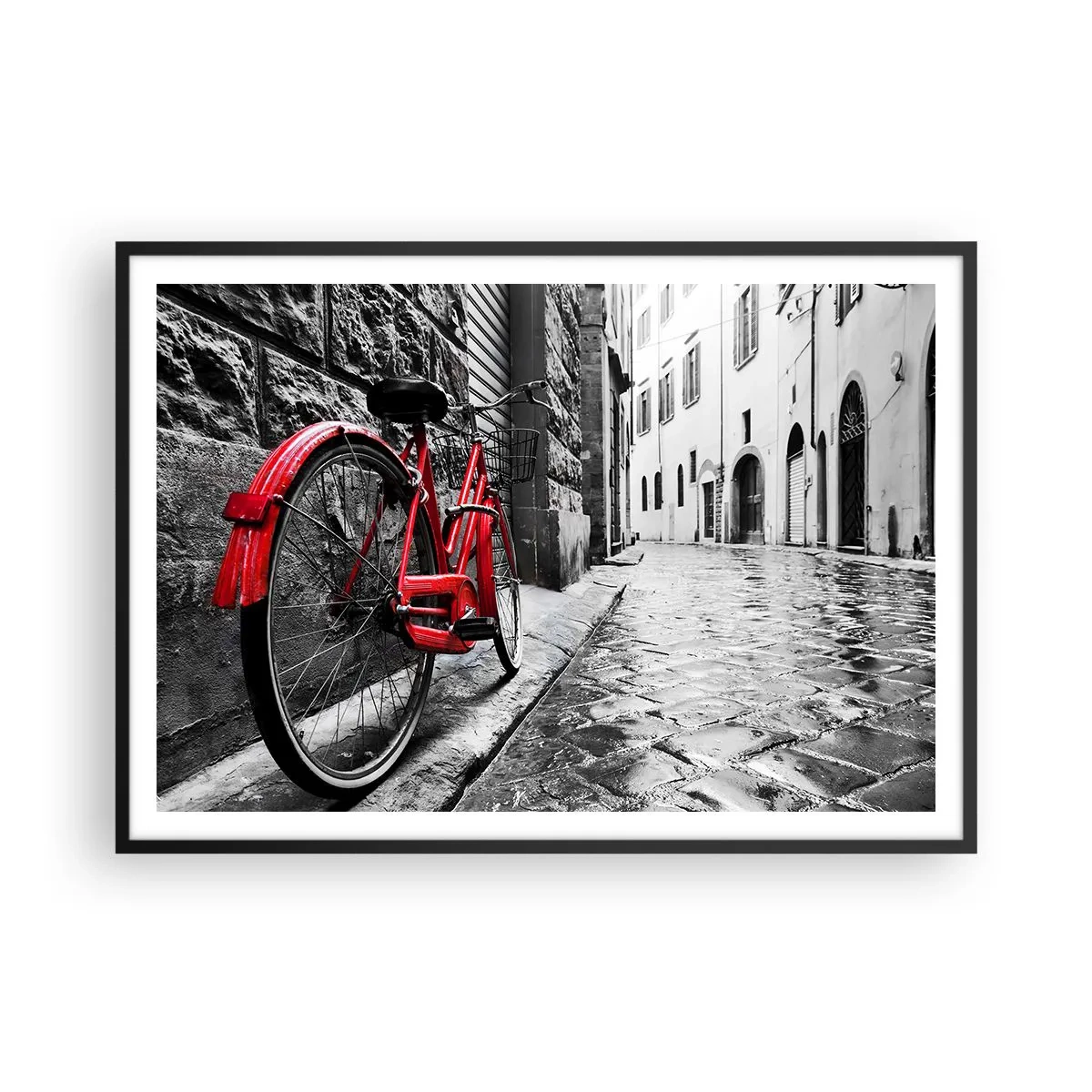 Poster in cornice nera - Bicicletta rossa in una strada bianca e nera - 100x70cm - La vera bellezza non invecchia - Decorazione murale moderna per soggiorno e camera da letto ARTTOR