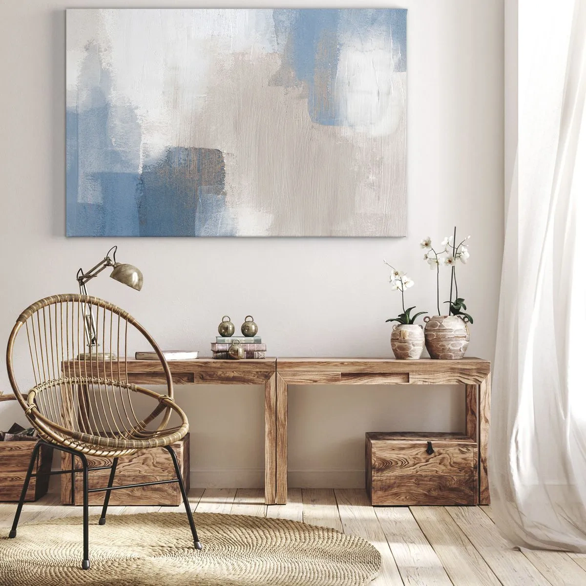 Quadro su tela - Stampe su Tela - Forme astratte nei toni del blu e del beige - 120x80cm - Astrazione rosa coperta dal blu - Decorazione murale moderna per soggiorno e camera da letto ARTTOR