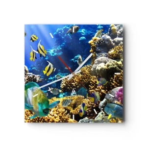 Orologio da parete - Orologio in Vetro - Una barriera corallina colorata con pesci tropicali nelle profondità dell'oceano. - 30x30cm - Traffico intenso sulla via delle vacanze - Decorazione murale moderna per soggiorno e camera da letto ARTTOR