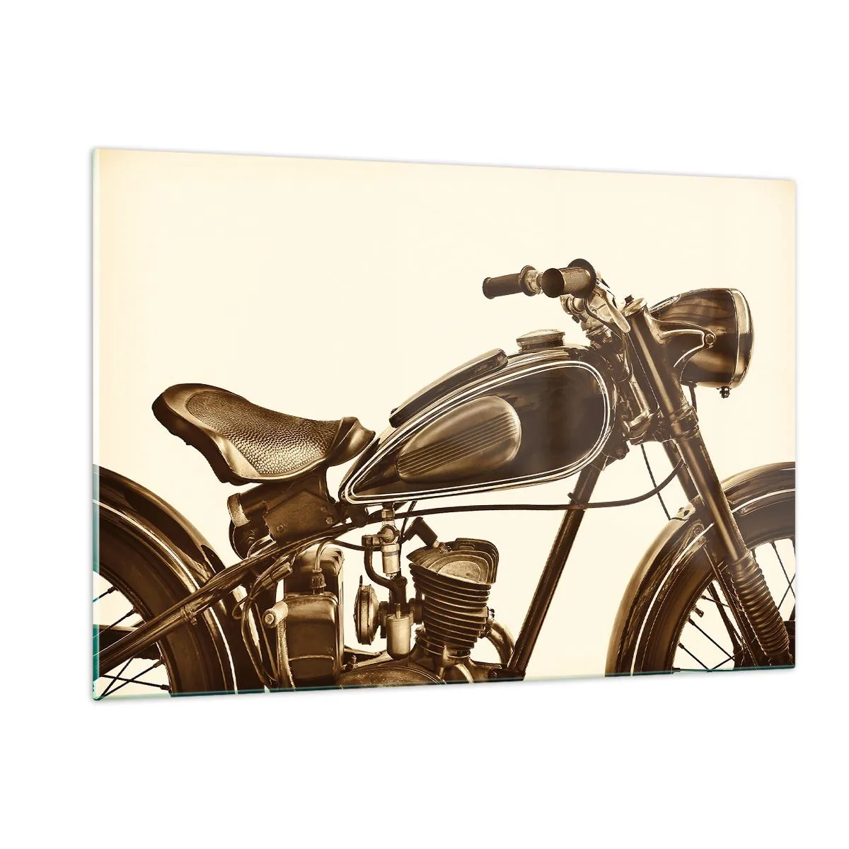 Quadro su vetro - Elegante motocicletta retrò in tonalità seppia su sfondo chiaro - 120x80cm - Nostalgia per la classicità - Decorazione murale moderna per soggiorno e camera da letto ARTTOR