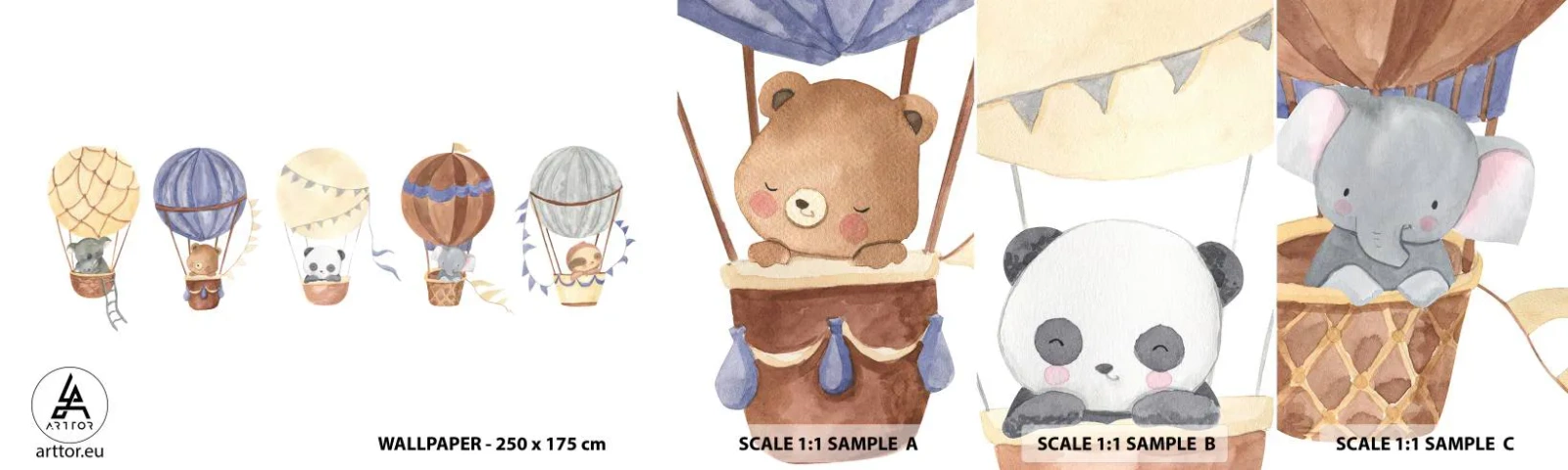 Campione Di Fotomurale Standard Eco - Amici in viaggio - Palloncini, Animali, Bambini - 100x30 cm