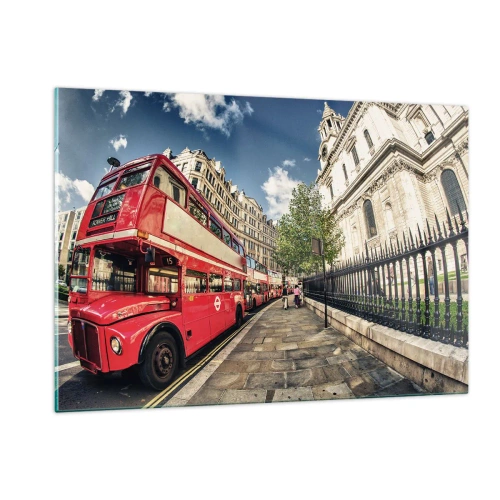 Quadro su vetro - Un autobus rosso a due piani in un contesto urbano - 120x80cm - Via di Londra in grigio e rosso - Decorazione murale moderna per soggiorno e camera da letto ARTTOR