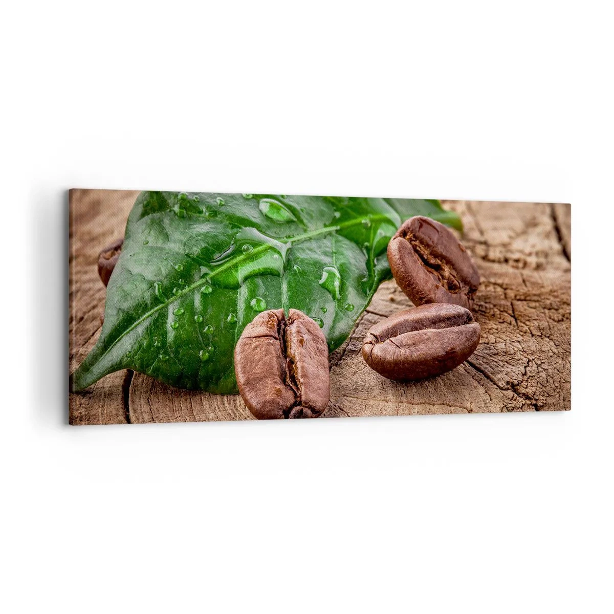Quadro su tela - Stampe su Tela - Chicchi di caffè e foglia verde su uno sfondo di legno - 120x50cm - Nero e autentico - Decorazione murale moderna per soggiorno e camera da letto ARTTOR