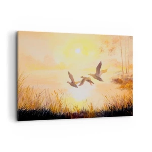Quadro su tela - Stampe su Tela - Anatre che volano all'alba sul lago - 120x80cm - L'inizio di un lungo viaggio - Decorazione murale moderna per soggiorno e camera da letto ARTTOR
