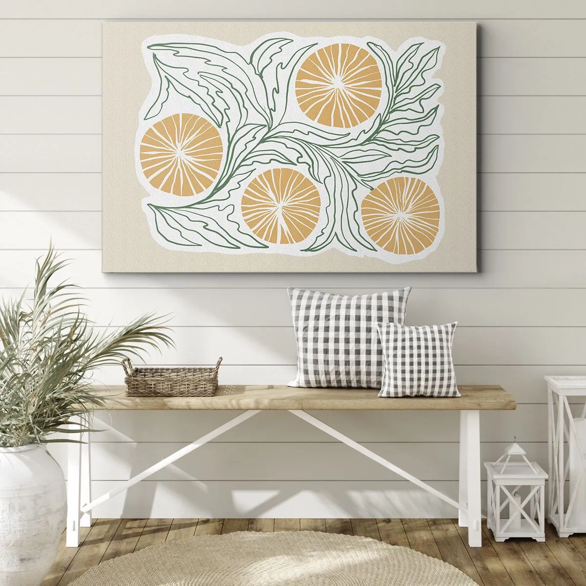 Quadro su tela - Stampe su Tela - Un motivo arancione minimalista con foglie verdi - 70x50cm - Etnicamente con una nota di astrazione - Decorazione murale moderna per soggiorno e camera da letto ARTTOR