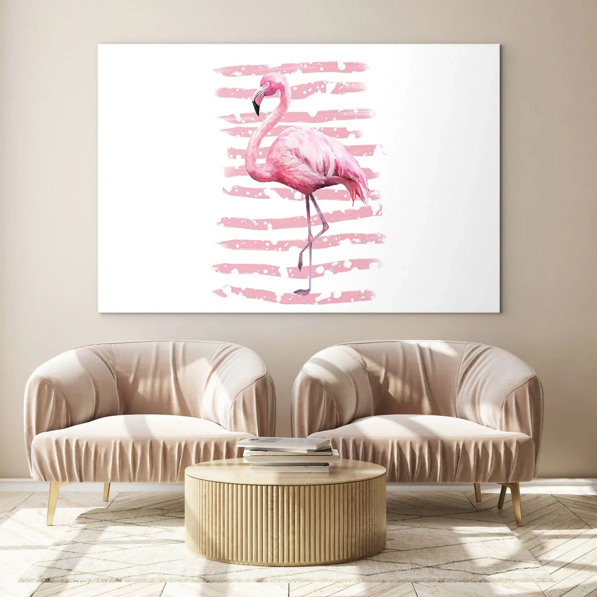 Quadro su vetro - Un fenicottero rosa su uno sfondo di artistiche strisce rosa. - 120x80cm - Con dignità, sebbene in rosa - Decorazione murale moderna per soggiorno e camera da letto ARTTOR