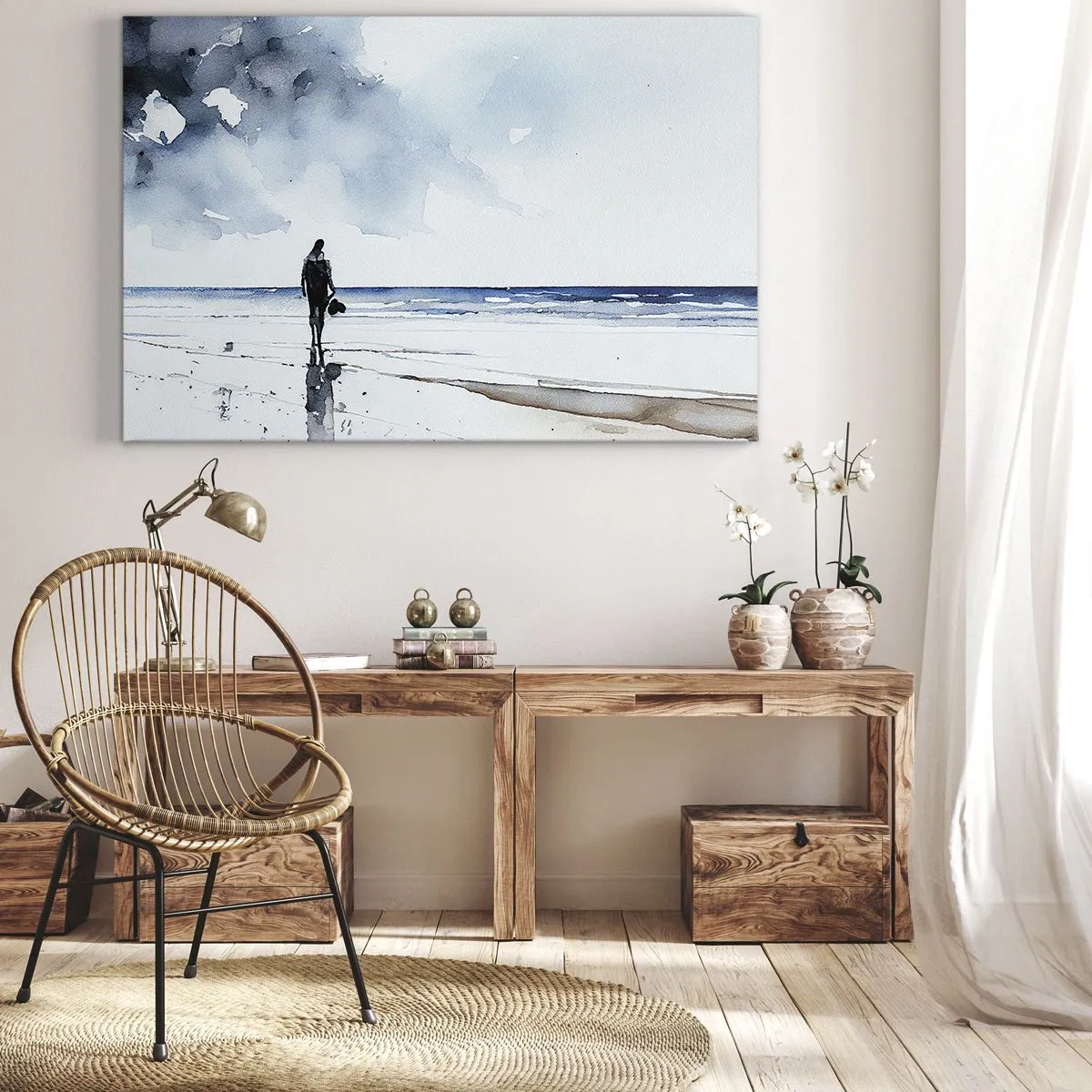 Quadro su tela - Stampe su Tela - Una figura su una spiaggia in un ambiente marino calmo - 100x70cm - Dialogo con il mare - Decorazione murale moderna per soggiorno e camera da letto ARTTOR
