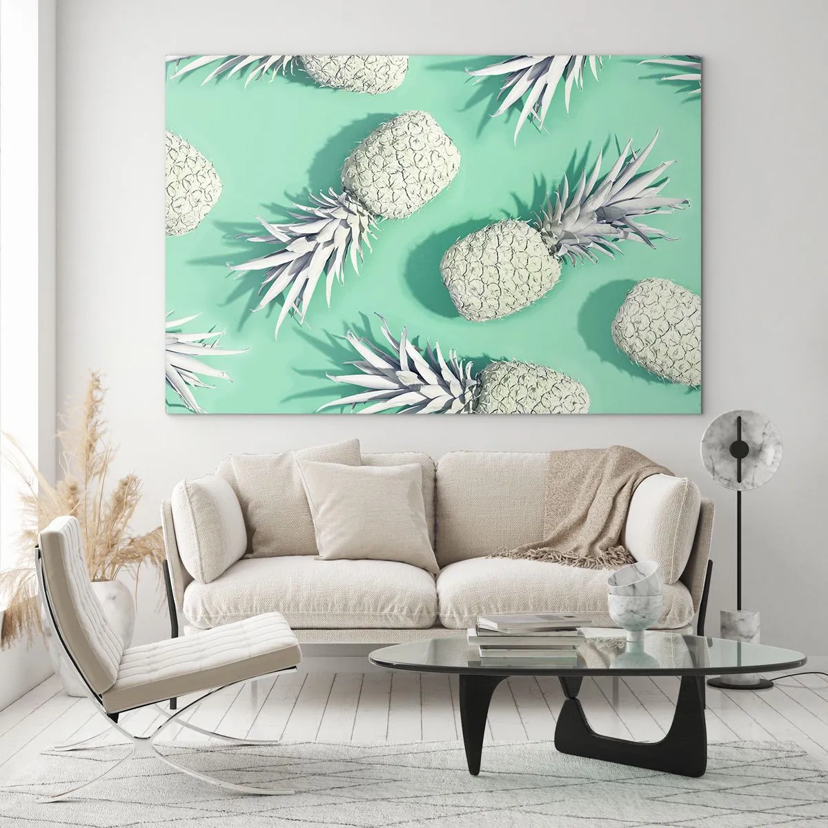 Quadro su vetro - Ananas bianchi su sfondo menta in una composizione artistica - 70x50cm - Perfettamente adatti alla menta - Decorazione murale moderna per soggiorno e camera da letto ARTTOR