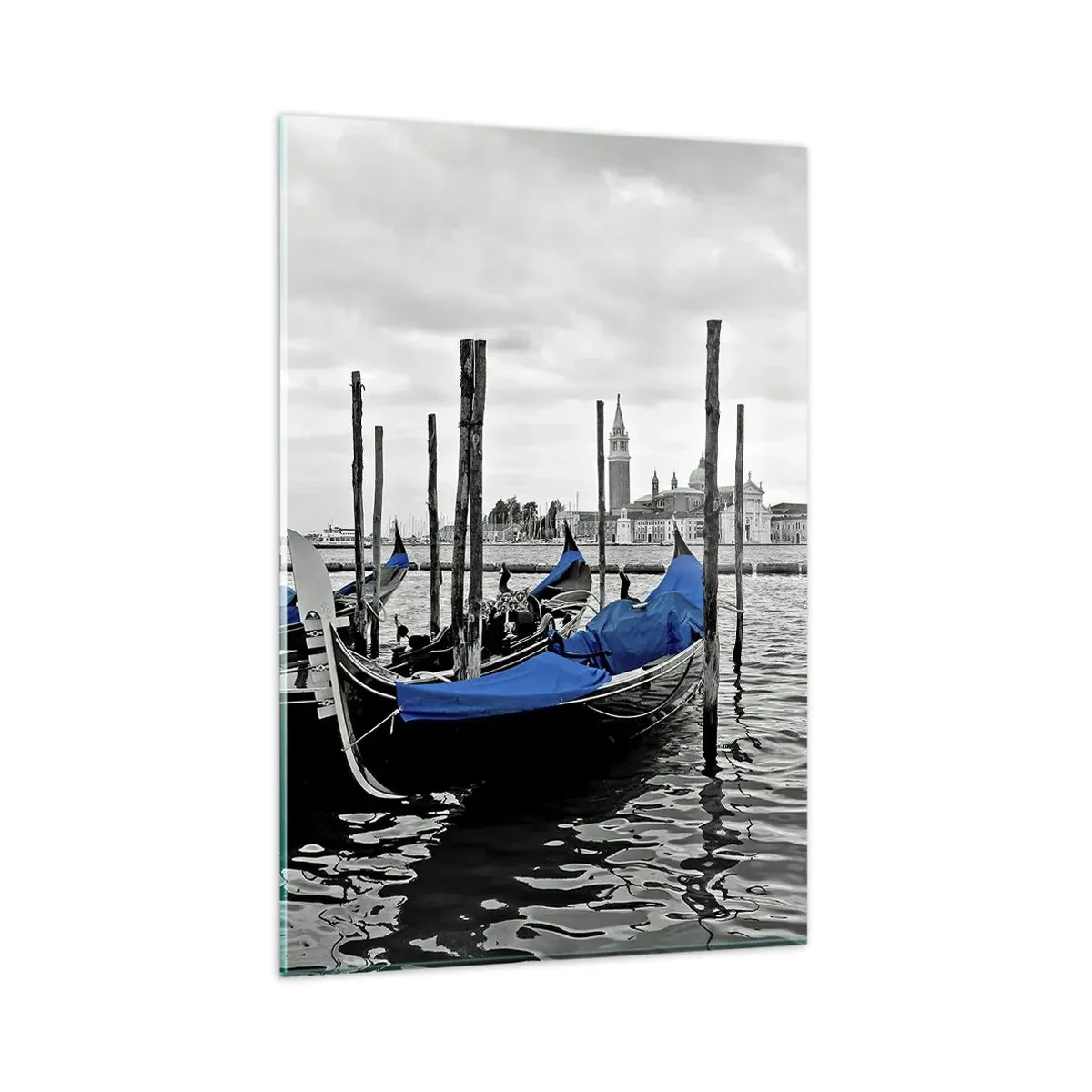 Quadro su vetro - Gondole a Venezia con coperture blu - 80x120cm - Venezia pensierosa - Decorazione murale moderna per soggiorno e camera da letto ARTTOR