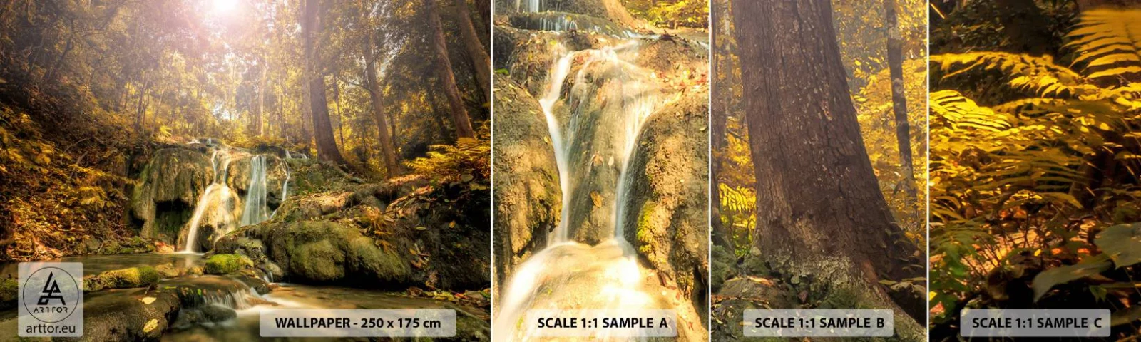 Campione Di Fotomurale Standard Eco - Cascata boschiva in verde - Paesaggio, Cascata, foresta - 100x30 cm