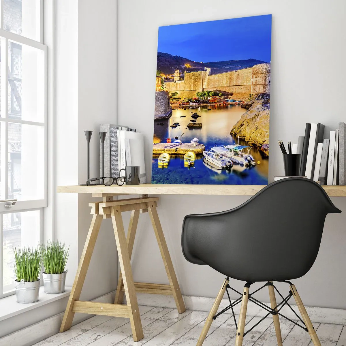 Quadro su vetro - Un pittoresco porto di notte con edifici illuminati - 70x100cm - Notte luminosa sull'Adriatico - Decorazione murale moderna per soggiorno e camera da letto ARTTOR