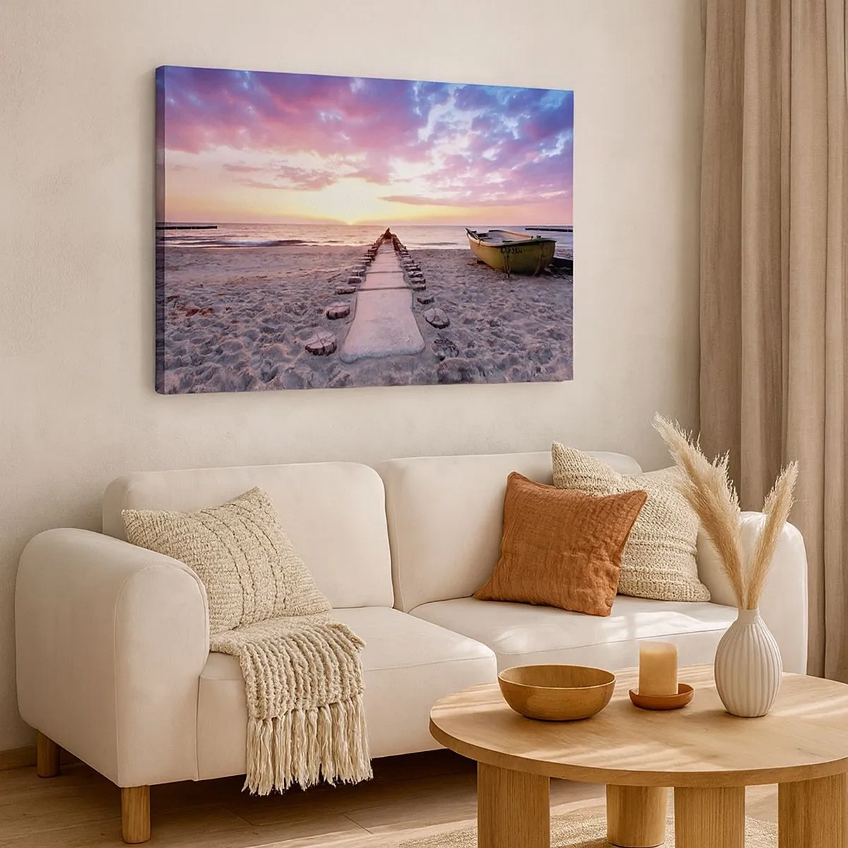 Quadro su tela - Stampe su Tela - Spiaggia all'alba con barca e molo - 70x50cm - Un momento profondo - Decorazione murale moderna per soggiorno e camera da letto ARTTOR