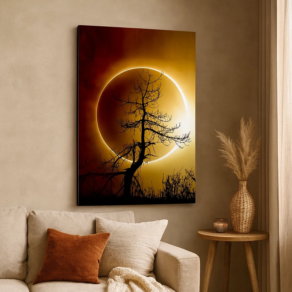 Quadro su tela - Stampe su Tela - Eclissi solare con la sagoma di un albero in primo piano - 50x70cm - Eclissi totale - Decorazione murale moderna per soggiorno e camera da letto ARTTOR