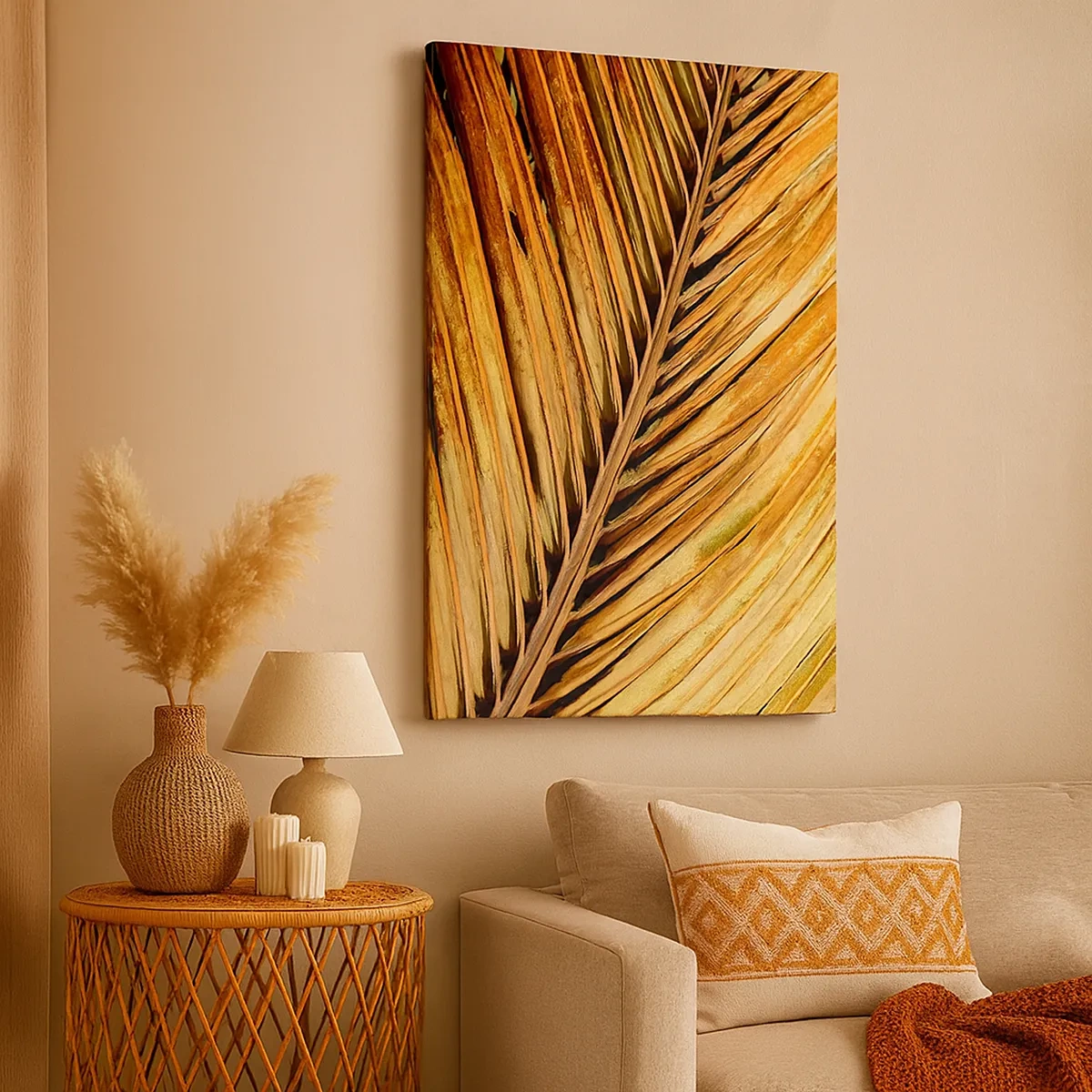 Quadro su tela - Stampe su Tela - Primo piano di una foglia di palma secca in toni caldi - 50x70cm - Oro di cocco - Decorazione murale moderna per soggiorno e camera da letto ARTTOR