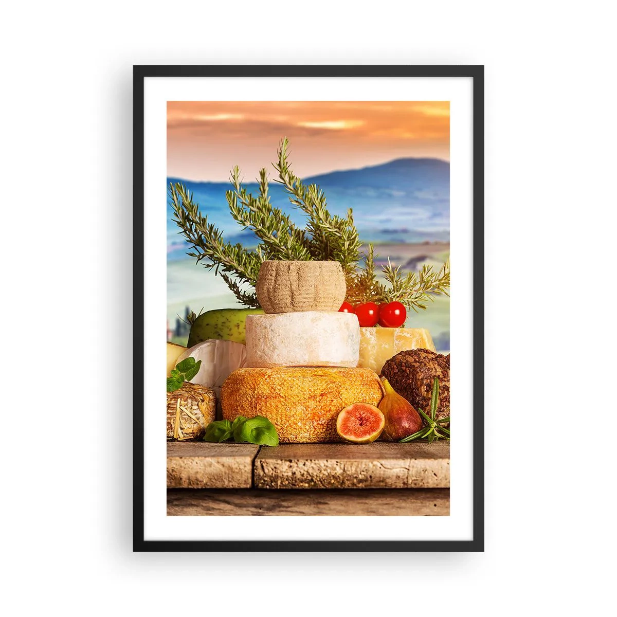 Poster in cornice nera - Pila rustica di formaggi sullo sfondo di un paesaggio - 50x70cm - La gioia italiana della vita - Decorazione murale moderna per soggiorno e camera da letto ARTTOR
