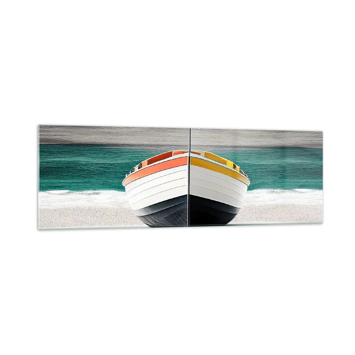 Quadro su vetro - Una barca sulla spiaggia con un mare turchese sullo sfondo - 160x50cm - Al suo posto - Decorazione murale moderna per soggiorno e camera da letto ARTTOR