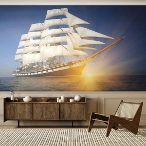 Fotomurali Premium Sand - Una nave a vela al tramonto su un mare calmo - 100x70cm - Il loro tempo non passa mai - Decorazione murale moderna per soggiorno e camera da letto ARTTOR