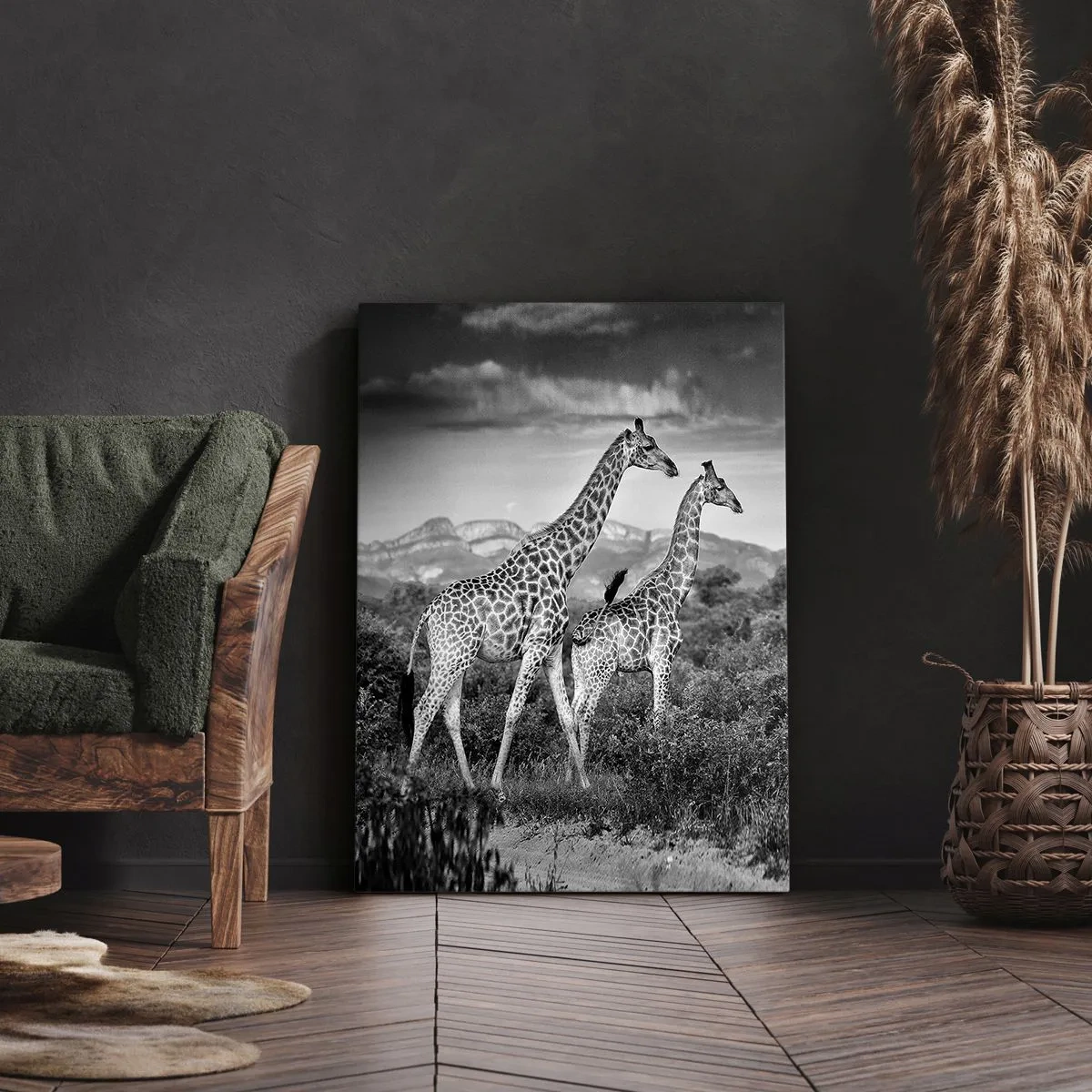 Quadro su tela - Stampe su Tela - Sagome in bianco e nero di due giraffe nella savana - 50x70cm - Alta classe in Africa - Decorazione murale moderna per soggiorno e camera da letto ARTTOR