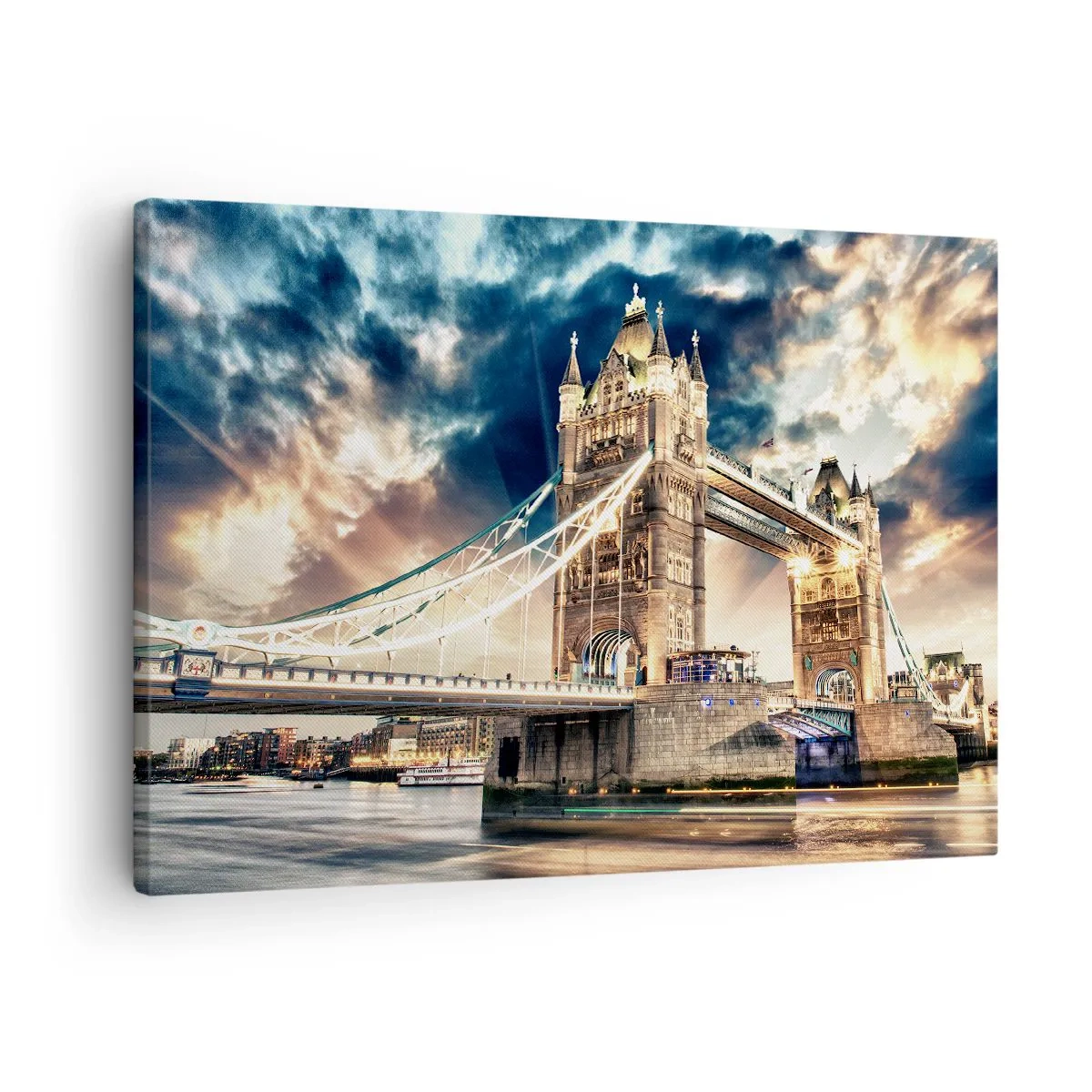 Quadro su tela - Stampe su Tela - Tower Bridge al tramonto contro un cielo dinamico - 70x50cm - Il monumento dell'impero britannico - Decorazione murale moderna per soggiorno e camera da letto ARTTOR