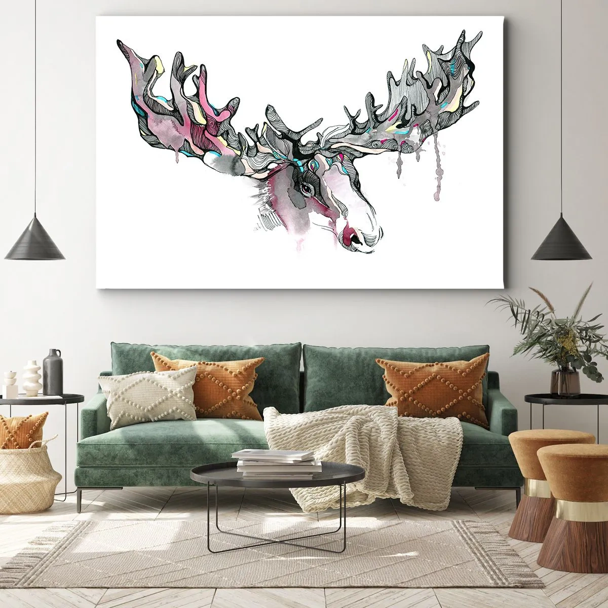 Quadro su tela - Stampe su Tela - Acquerello artistico di un alce con corna folte - 120x80cm - La corona del re del bosco - Decorazione murale moderna per soggiorno e camera da letto ARTTOR