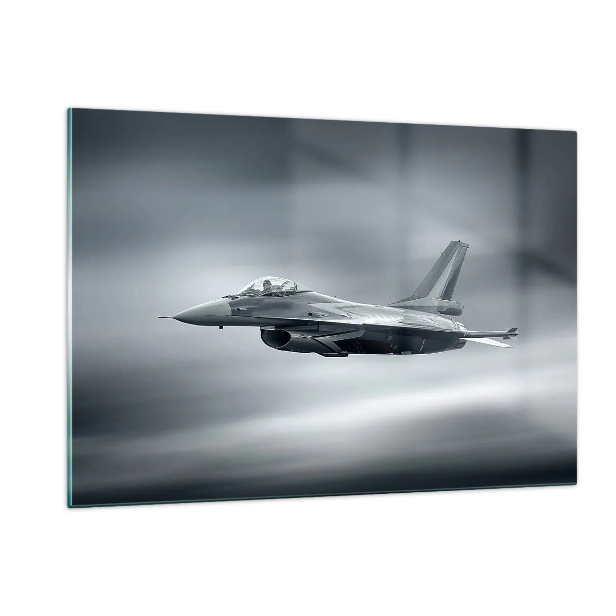 Quadro su vetro - Un aereo da caccia in volo contro un cielo nuvoloso - 120x80cm - Lanci la sfida? - Decorazione murale moderna per soggiorno e camera da letto ARTTOR