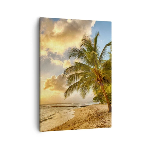 Quadro su tela - Stampe su Tela - Spiaggia con palme e tramonto sull'oceano - 50x70cm - Estate perpetua, vacanze per sempre - Decorazione murale moderna per soggiorno e camera da letto ARTTOR